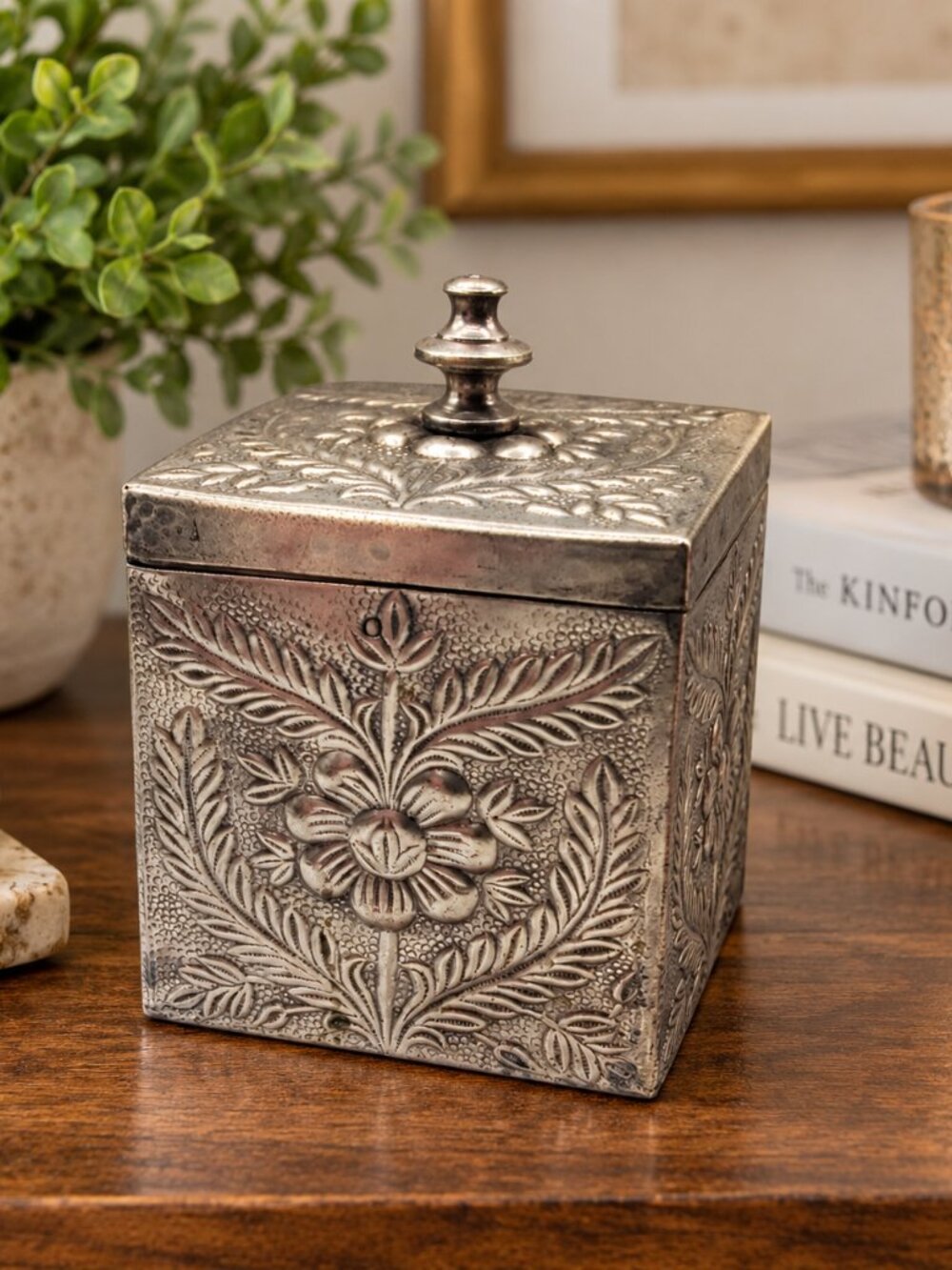 Vintage Embossed Floral Indian Metal Decorative Box